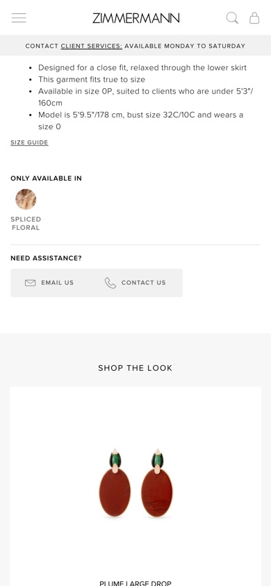 Zimmermann product page, tested version: Adds a size guide link inside the product details.