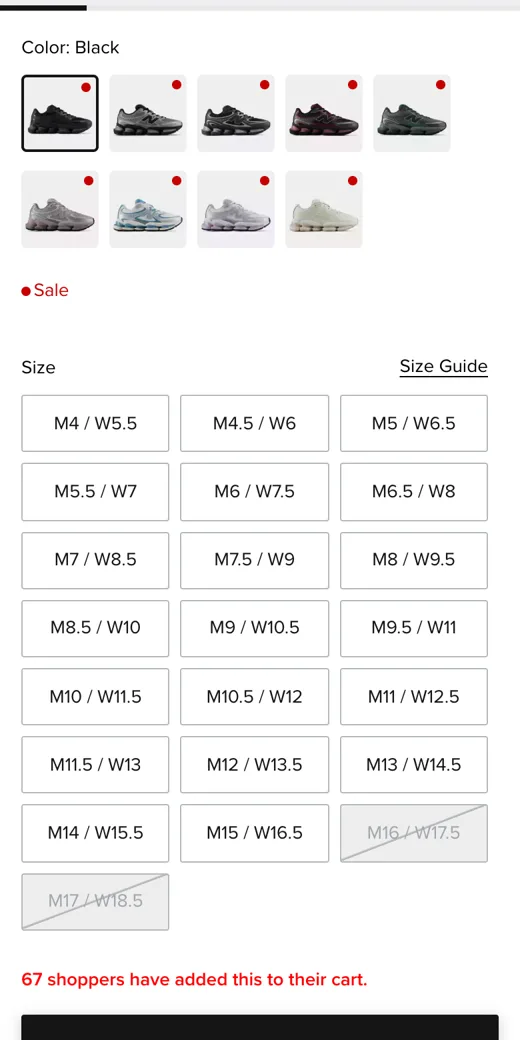 New Balance product page, control: all colours in one swatch list