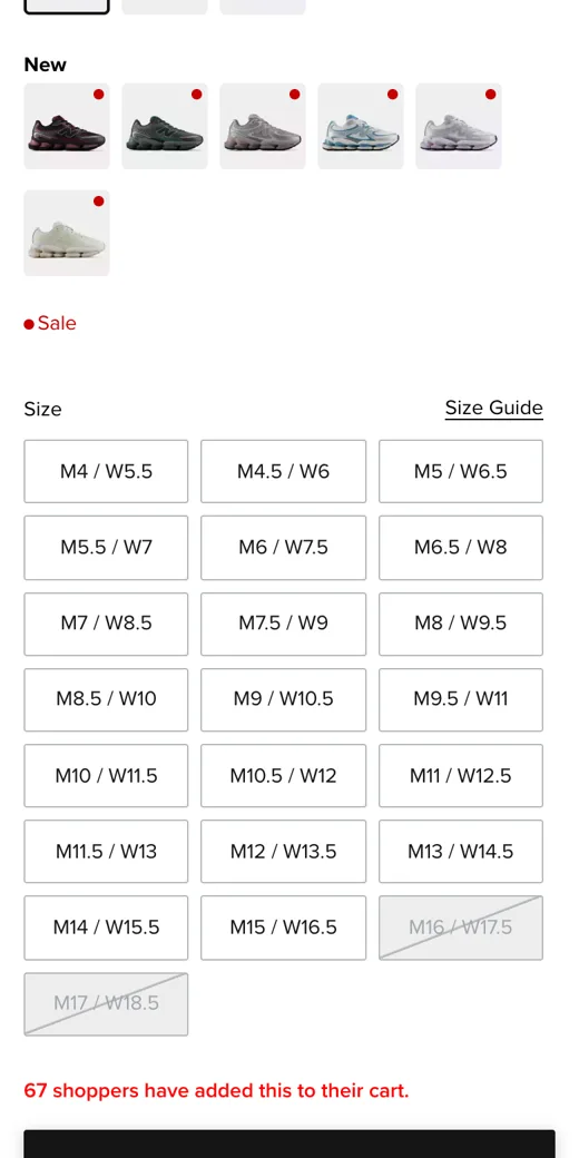 New Balance product page, variant: new colours in their own row